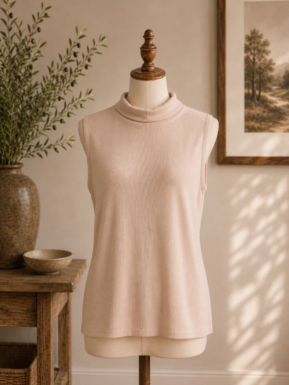 Christian Siriano Ladies Large Soft Mock Turtle Neck Sleeveless Cream/Tan